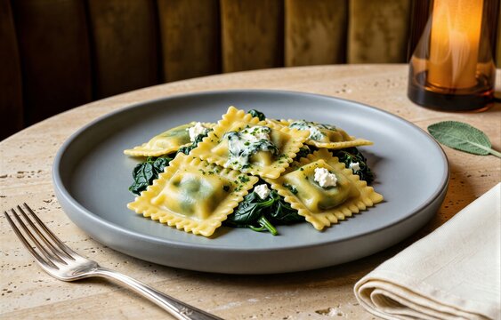 Plate of Ravioli Ricotta e Spinaci with spinach and feta cheese on rustic wooden table. Concept of cozy atmosphere, filled pasta with ricotta spinach butter, soft warm lighting.