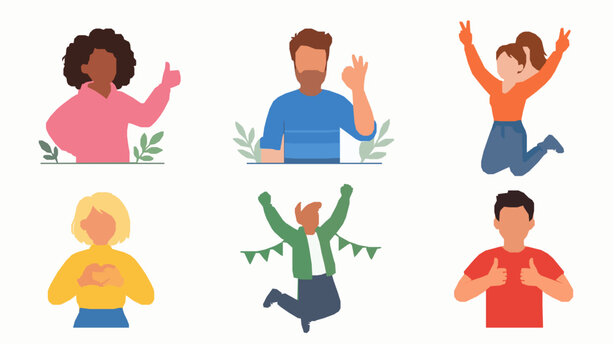 Happy People Gestures Thumbs Up OK Victory Cartoon Vector Illustration