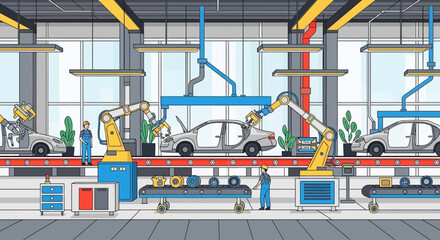 Naklejka premium Robotic arms assembling a car.