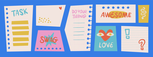 Obraz premium Trendy girly sticky note templates set. Cute cartoon hand drawn paper scraps with words task, swag, awesome and love. Colorful vector planner dashboard for digital journals and social media posts.