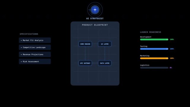 Ai component interface integrated with product blueprint diagram. Suitable for tech presentations, ai concept illustrations, and engineering projects.