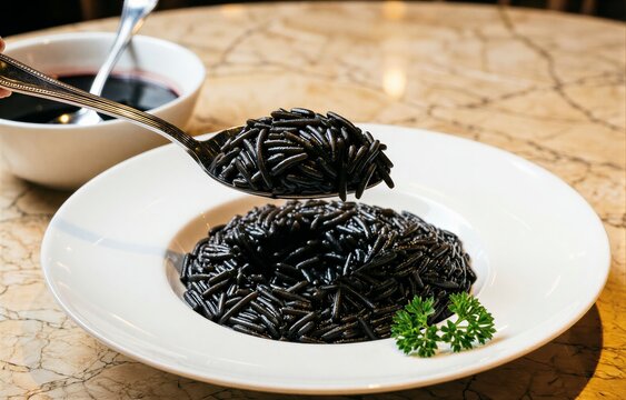 Risotto al Nero di Seppia on white plate, served with dark liquid in small cup, spoon scooping rice balls. Concept of rice with cuttlefish ink garlic wine, elegant dining experience.
