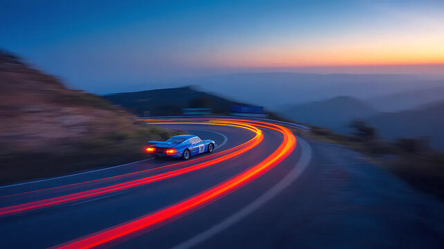 Vintage blue race car creating glowing orange light trails on curving mountain highway during golden hour with motion blur and atmospheric perspective