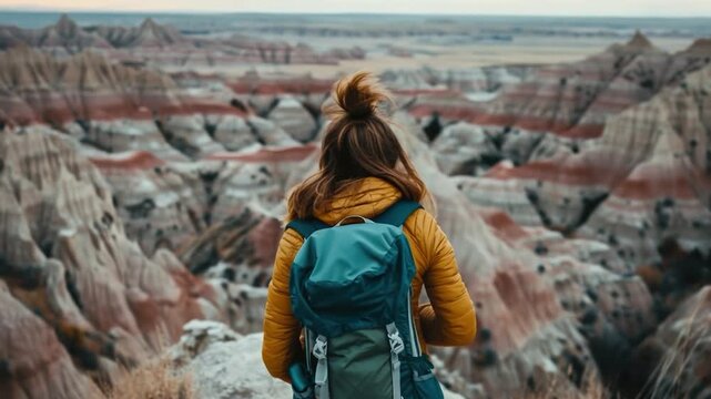 A traveler takes in the breathtaking view of the badlands landscape, standing at an observation point