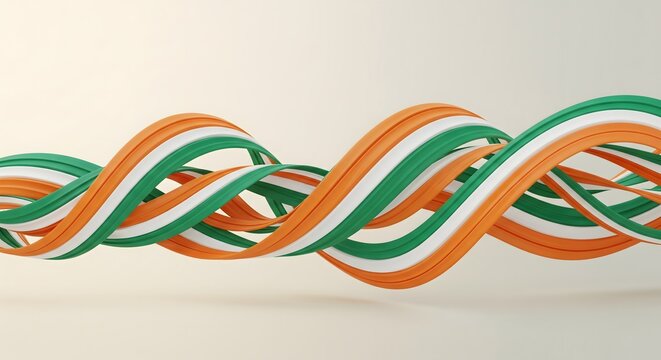 Abstract 3D render of twisted green, white, and orange ribbons spiraling across a neutral background.