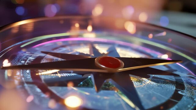 Close-up vintage compass on a glowing digital map symbolizing navigation, strategy and direction