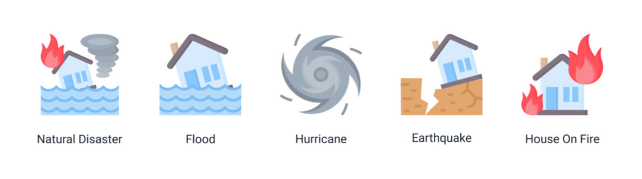 Disaster events icon set with natural hazards and emergency situations.Ideal for crisis management and environmental risk designs.