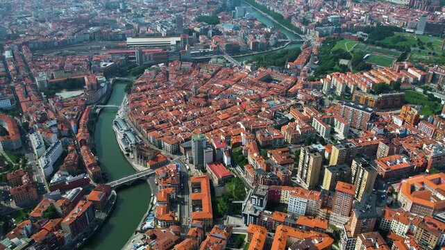 Aerial view of the old town of the city Bilbao on a sunny summer noon in Spain