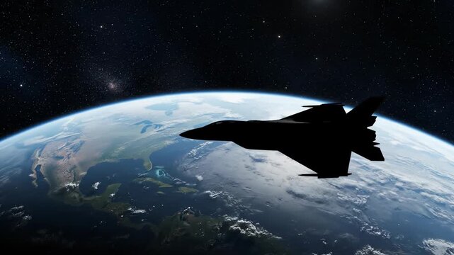 Soaring Above: A silhouette of a jet aircraft glides gracefully through the boundless expanse of the cosmos, with the Earth, a vibrant sphere of life and wonder, providing a stunning backdrop.