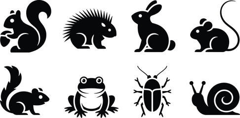 Professional forest creature collection including rodent rabbit frog and insect icons for biology education environmental branding and outdoor adventure projects. © Sumaiya