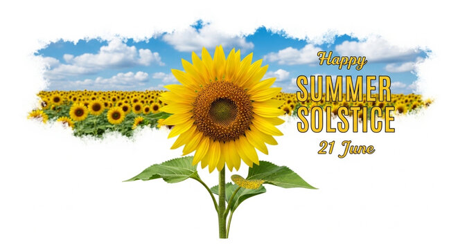 Large bright yellow sunflower in foreground with a vast blooming field under a blue sky with white clouds celebrating the summer solstice on twenty first of june with bold golden text overlay