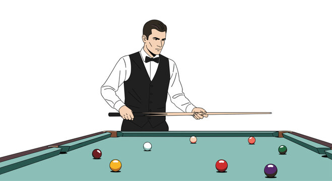 A professional billiard player wearing a formal black vest and bowtie holds a long wooden cue stick while concentrating on the colorful pool table balls.