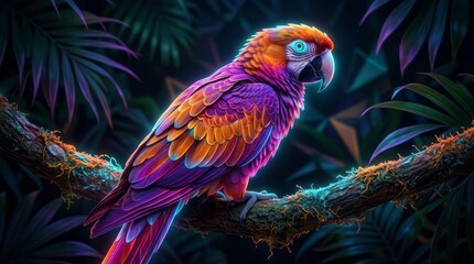 Obraz premium Vibrant Colorful Parrot on a Branch Parrot Colorful Bird Tropical Nature Wildlife Exotic. Concept featuring parrot, colorful, bird, tropical, nature for professional commercial design.