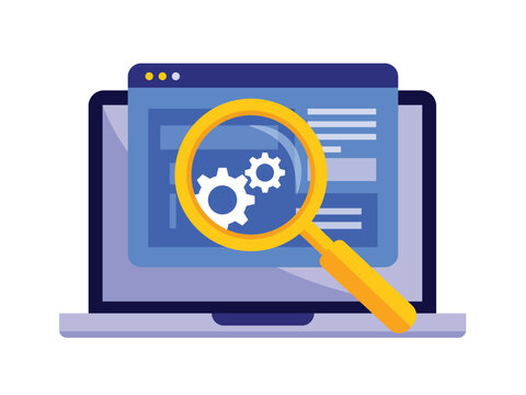 Search engine optimization and website analysis concept with magnifying glass over browser window and gears on a laptop.