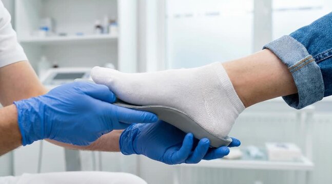 A patient gets their foot examined for custom shoe inserts in a clinic. A healthcare professional uses a mold to assess the foot shape and size during the process