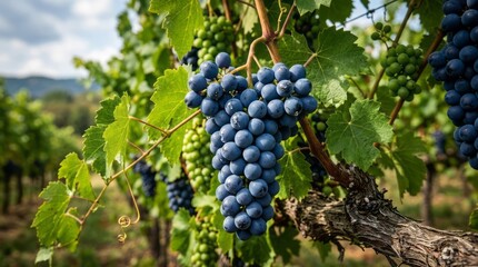 Fototapeta premium Close-Up of Grapes in Vineyard Grapes Vineyard Blue Grapes Wine Vine Agriculture Nature. Concept featuring grapes, vineyard, blue grapes, wine, vine for professional commercial design.