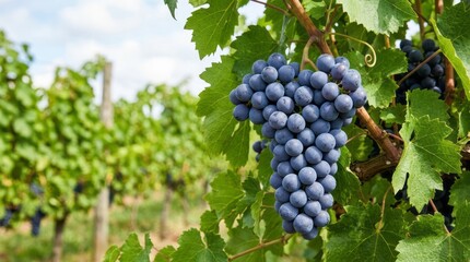 Fototapeta premium Fresh Grapes on Vine in Vineyard Grapes Vineyard Blue Grapes Fresh Fruit Winemaking Agriculture Nature. Concept featuring grapes, vineyard, blue grapes, fresh fruit, winemaking for professional com...