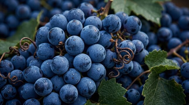 Fresh Blue Grapes with Water Drops Blue Grapes Fresh Fruit Grape Cluster Water Droplets Vineyard Healthy Eating Organic Produce. Concept featuring blue grapes, fresh fruit, grape cluster, water dro...