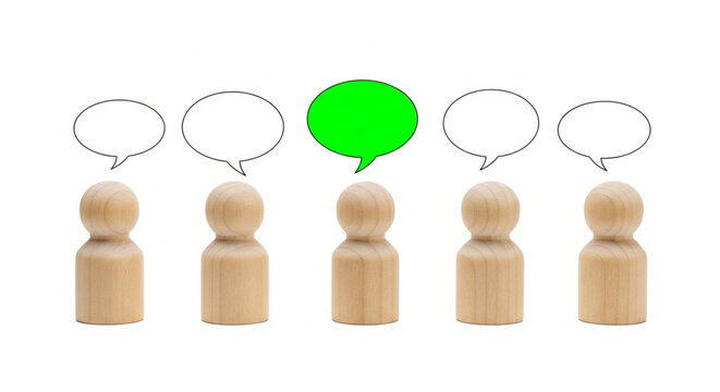 Five light wooden peg dolls standing in a row with empty speech bubbles above their heads and one bright green bubble in the center representing a unique idea or different perspective on white