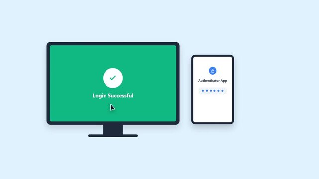 Two-Factor Authentication Login Process Concept. Secure Access with Authenticator App on Desktop Computer and Smartphone Animation