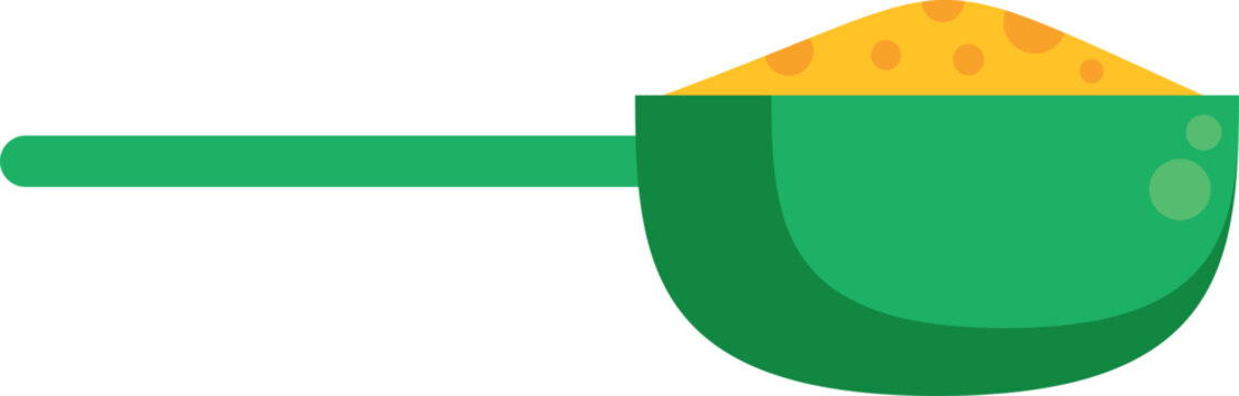 Illustration of a green measuring scoop containing yellow powdered substance for cooking or nutrition