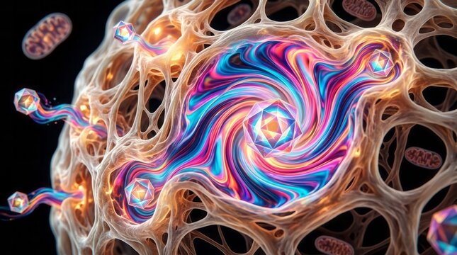 Colorful Abstract Cell Structure Cell Structure Vibrant Colors Artistic Swirling Patterns Glowing Elements Biological Digital Art. Concept featuring cell structure, vibrant colors, artistic, swirli...