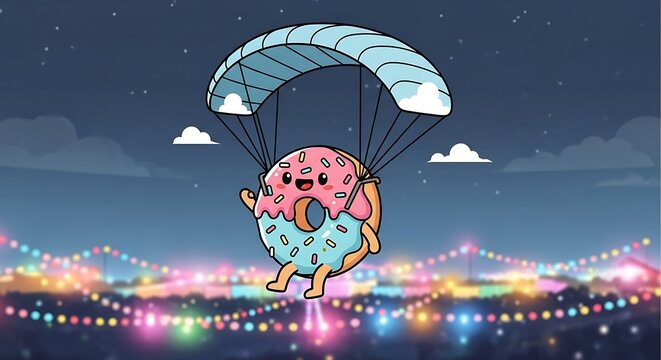 A smiling donut character with a parasail floats above a brightly lit carnival at night, with festive lights strung across the scene