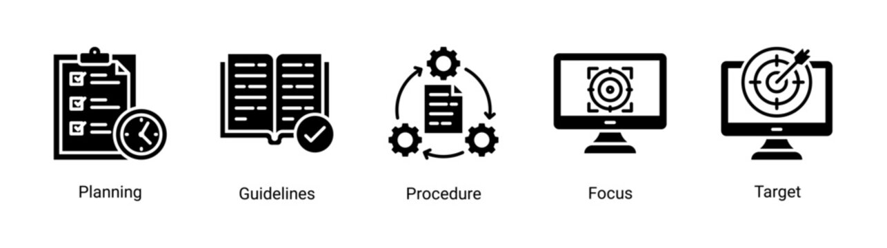 Planning basics icon set with workflow,guidelines,and goal-oriented concepts.Ideal for strategy,management,and business planning visuals.