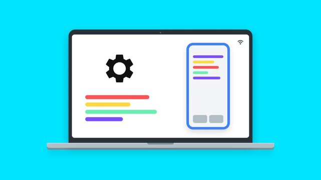 Laptop and Smartphone Synchronization Concept. Responsive Web Design and Mobile App Development Animation