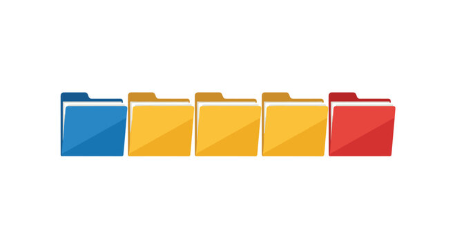 A sequence of five colorful office file folders including blue yellow and red shades are neatly organized in a horizontal row against a white background.