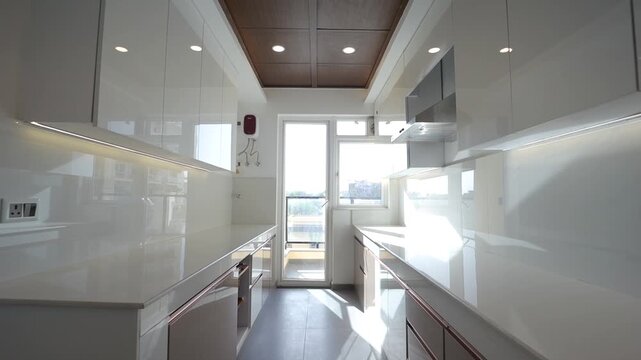 Modern modular kitchen with white finish showing elegance & luxury