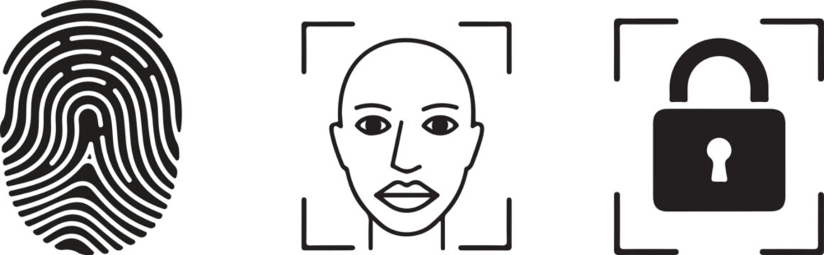 Biometric data security for personal identification with fingerprint, face scan, and locked padlock.