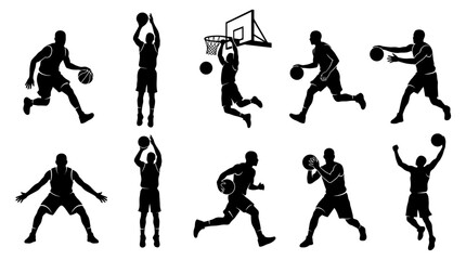 10 Man Playing Basketball Silhouette Vector Pack – Sport Action & Street Style SVG Collection © delly