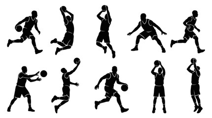 10 Man Playing Basketball Silhouette Vector Pack – Sport Action & Street Style SVG Collection © delly