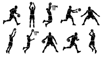 10 Man Playing Basketball Silhouette Vector Pack – Sport Action & Street Style SVG Collection © delly