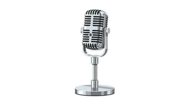 A polished silver vintage microphone stands prominently on a reflective metallic base against a clean white background with sharp professional studio lighting.