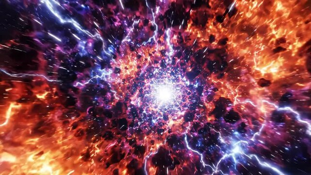 Cinematic cosmic explosion with asteroids and lightning, fiery nebula space background, abstract energy blast with glowing particles and electric sparks