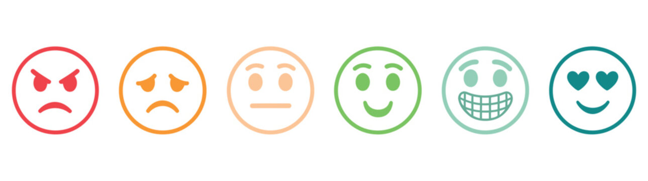 

Set of emoticons with different moods emoji collection, modern vector style icons representing happy, sad, angry, surprised, and neutral expressions for messaging