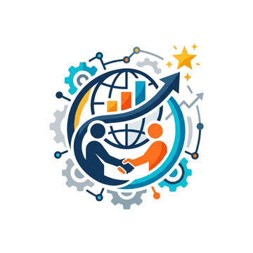 Global Business Partnership Handshake Logo Concept with Bar Chart and Gear for Economic Growth and Corporate Teamwork Vector Illustration