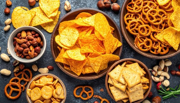 Assortment of Salty Snacks in Bowls on a Dark Surface.