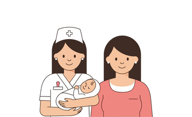 Fototapeta premium Illustration of a healthcare professional holding a newborn baby, with the proud mother standing close by, depicting the joyful moments of birth and early parenthood