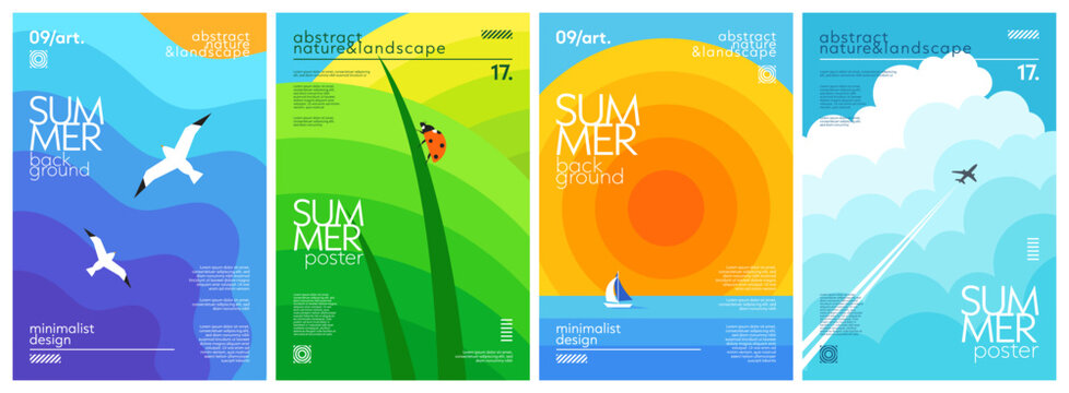 Set of nature landscape summer backgrounds with sea or ocean and seagull, grass and ladybug, sun and yacht, clouds and airplane. Simple gradient geometric design for cover, poster, banner