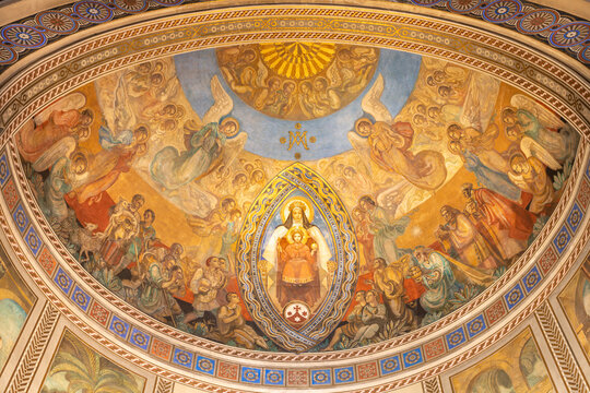 Barcelona - The fresco of Glory of St. Therese of the Child Jesus  in church Parroquia Santa Teresa de l'Infant Jesus by Francisco Labarta (20. cent.).