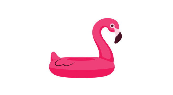 A vibrant pink inflatable flamingo pool float rests against a clean white background under bright studio lighting creating a perfect summer vacation vibe.