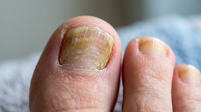 close up of a foot with a fungal toenail infection on the big toe with discolored and deformed nail plate