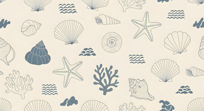 Seamless Coastal Summer Pattern with Seashells and Starfish &ndash; Minimal Ocean Beach Illustration for Fabric and Wallpaper