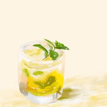 a classic mint julep cocktail with fresh mint leaves detail illustration