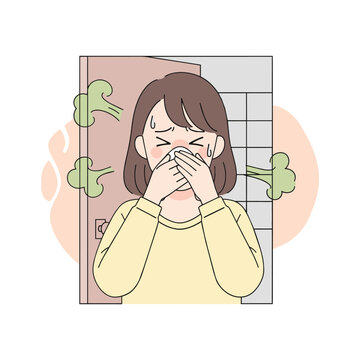 A woman is covering her nose and mouth, reacting to a bad smell in the bathroom. She is standing in front of a door, with green fumes emanating from the room.
