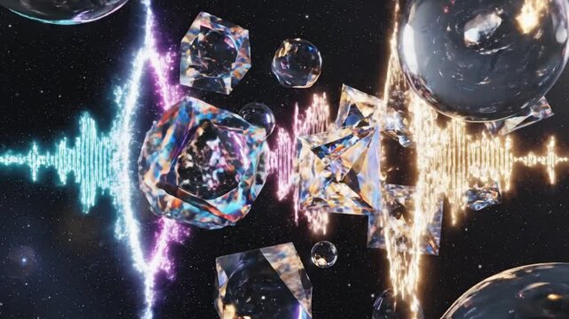 Abstract Sci-Fi Diamonds Floating with Sound Waves in Outer Space Galaxy