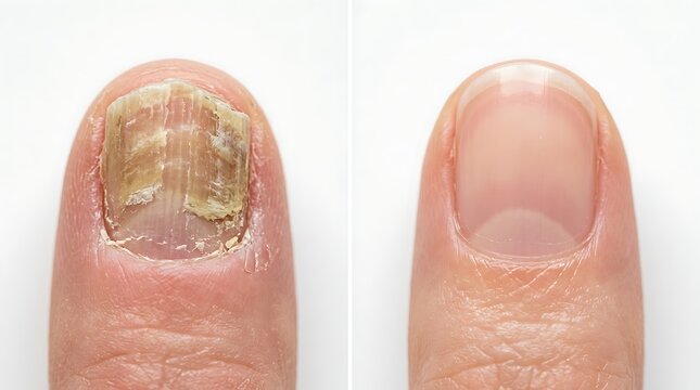 healthy and unhealthy fingernail comparison showing fungal infection and recovery
